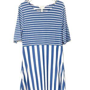 Matilda Jane Womans Long Dress Sz LARGE Pullover Short Sleeve Striped Blue White